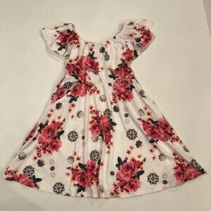 Girl's JUSTICE Pink Floral Print On White Knit Dress Size 6/7 Cottage Pockets!